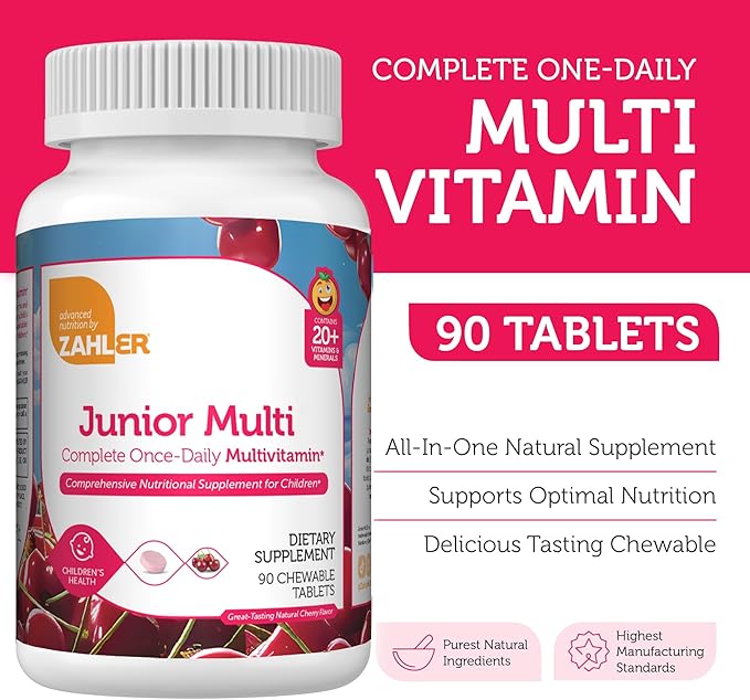 Zahler Kids Multivitamin Chewable Vitamin Tablet - Complete One Daily Kids Vitamins Supplement - Contains 20+ Minerals & Vitamins for Kids & Toddlers - Kosher Multivitamins Cherry Flavor (90)