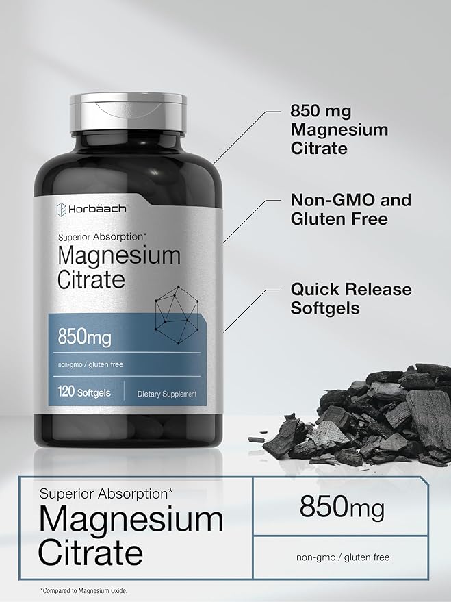 Horbäach Magnesium Citrate | 850mg | 120 Softgels | Superior Absorption | Non-GMO and Gluten Free Formula