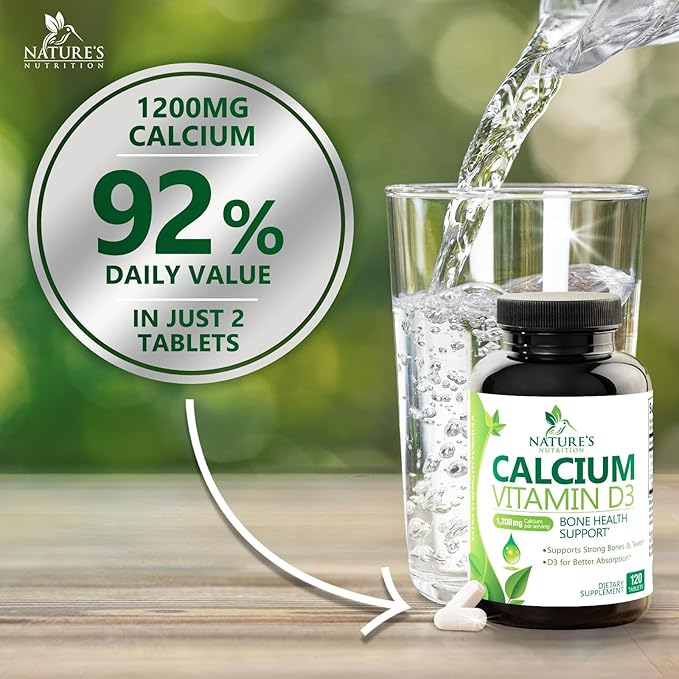 Calcium Supplement with Vitamin D - 1200 mg Calcium Carbonate with 1600 IU of D3 Vitamins - Supports Bone Strength, Teeth & Immune System - Natural & Easily Absorbable for Women & Men - 120 Tablets
