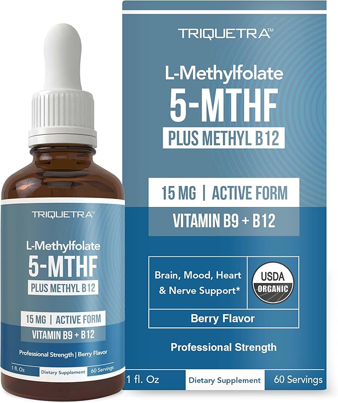 L Methyl Folate 15mg Plus Methyl B12 Cofactor – Organic Berry Flavor, High Potency Liquid Sublingual Active 5-MTHF Form - Supports Mood, Methylation, Cognition – Bioactive Forms Vitamin B9 & B12 (1oz)