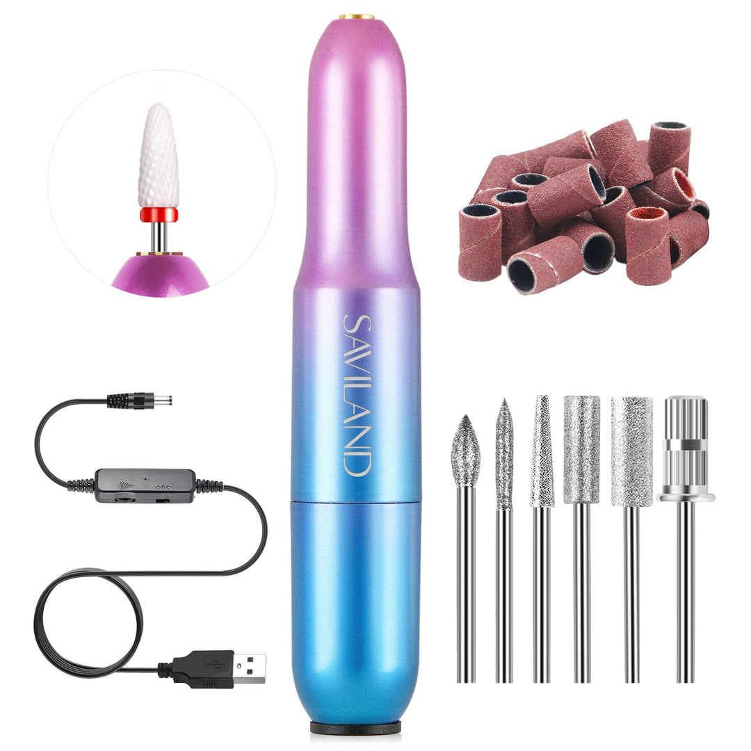 Saviland Portable Electric Nail Drill - 20000 Rpm Usb Electric Nail File With 7 Nail Drill Bits & 51 Sanding Bands For Nail Prep