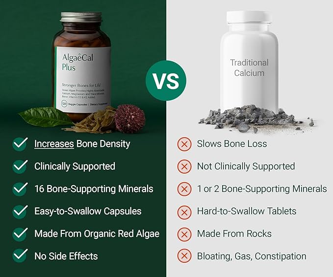 ALGAECAL Plus – Organic Red Algae Calcium Supplement, Vitamin K2 MK7 (100mcg), Vitamin D3 (1600 IU), Magnesium (350mg), Trace Minerals, Plant-Based Bone Strength, Easy to Swallow, 120 Veggie Caps