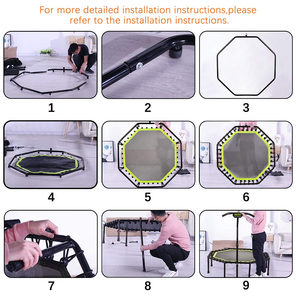 ONETWOFIT 51" Silent Trampoline with Adjustable Handle Bar, Fitness Trampoline Bungee Rebounder Jumping Cardio Trainer Workout for Adults…