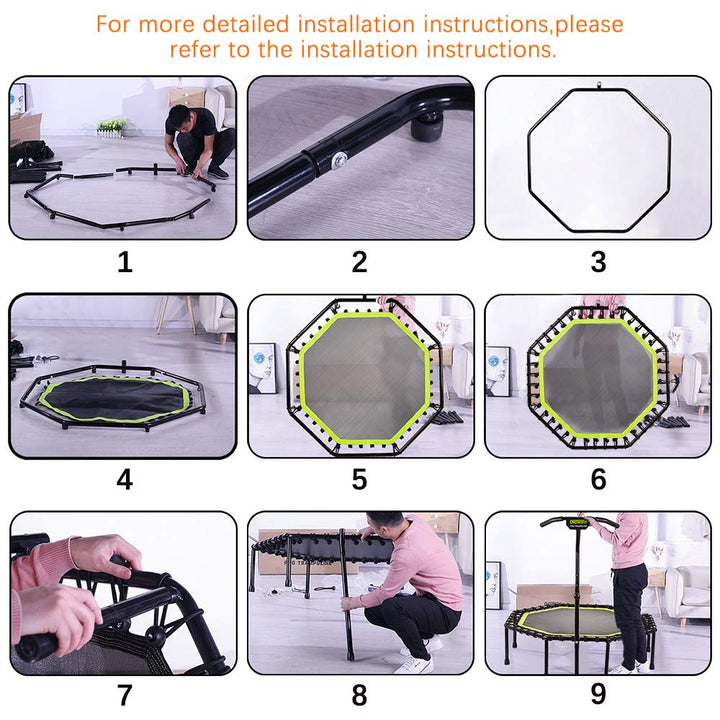 ONETWOFIT 51" Silent Trampoline with Adjustable Handle Bar, Fitness Trampoline Bungee Rebounder Jumping Cardio Trainer Workout for Adults…