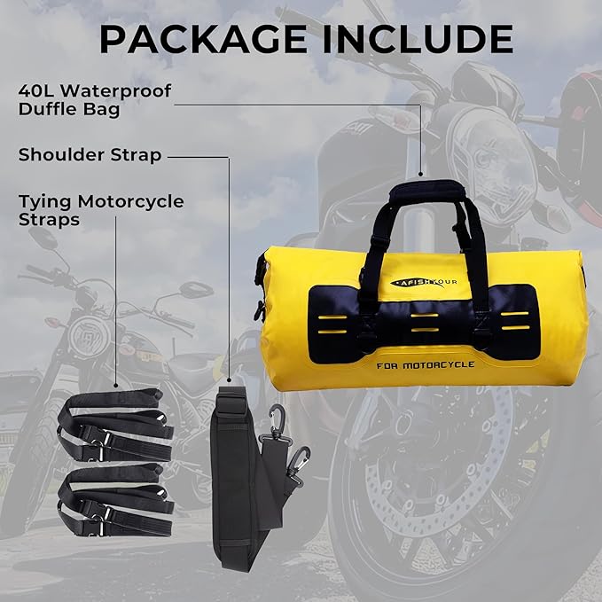 40L Waterproof Motorcycle Duffel Bag - Motorcycle Luggage Tail Bag with Straps for Back Seat - Roll Top Dry Bag for Kayaking, Rafting, Boating, Camping, Travel, Beach (Yellow)