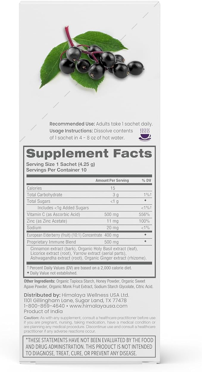 Himalaya Elderberry Mix, Drink Mix Supplement, Immune Support with Elderberry, Zinc, Vitamin C and Holy Basil, Caffeine Free, 10-0.15 oz (4.3 g) Packets, Easy to Mix, Gluten Free