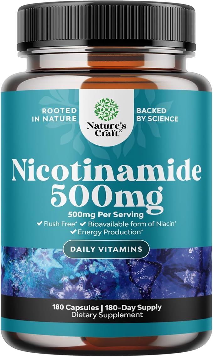 Vitamin B3 Niacinamide 500mg Capsules - Mitochondrial Energy and Potent Skin Supplement - AKA Vitamin B3 Niacin 500mg Flush Free and Nicotinamide 500mg - Flush Free Niacin Supplement - 180 Count