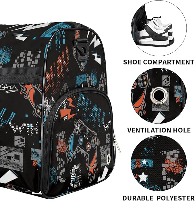 Joystick Game Dry Wet Depart Duffle Overnight Bag with Shoes Compartment & Wet Pockets, Doodle Water Resistant Weekender Travel Gym Pouch For Swim Gymnastics Ballet Sleepovers