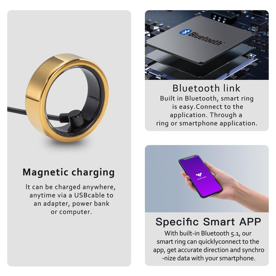 AMOVAN Smart Ring Health Tracker, Fitness Sleep Heart Rate Blood Oxygen Tracker Smart Ring, Water Resistant Bluetooth Fitness Tracker Rings