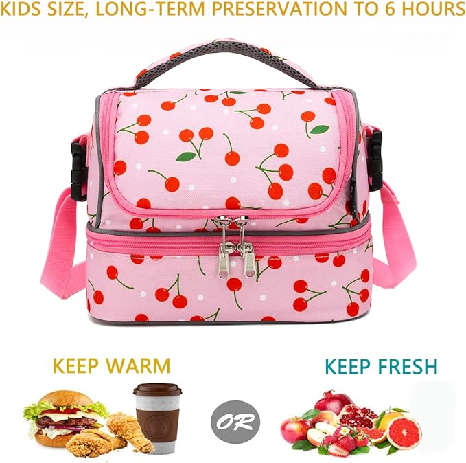 FlowFly Kids Double Decker Cooler Insulated Lunch Bag Large Tote for Boys, Girls, Men, Women, With Adjustable Strap, Cherry
