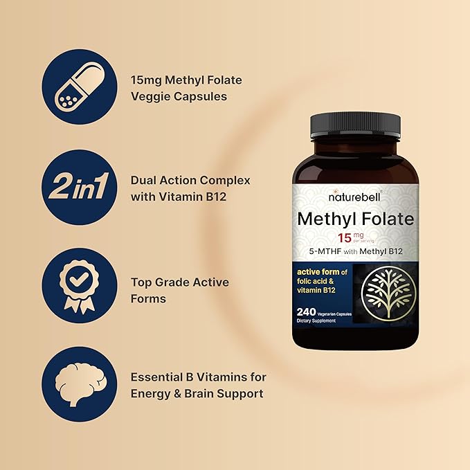NatureBell L Methylfolate 15mg, 240 Veggie Capsules | 5-MTHF with Methyl B12 1,000mcg | High Potency Dual Action for Energy & Cognitive Support, Active Folic Acid – Methyl Folate Supplement