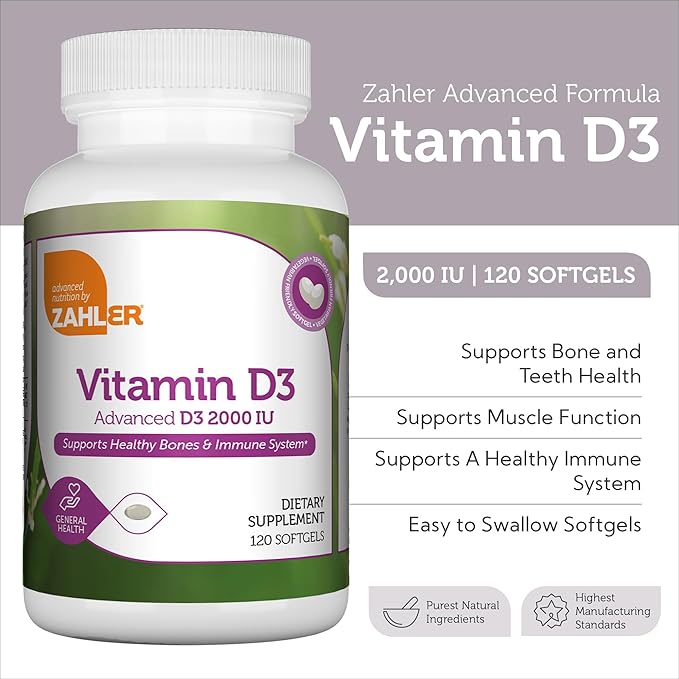 Zahler - Advanced Vitamin D3 2000 IU Softgels (120 Count) Kosher Vegetarian Friendly Vitamin D for Immune Support, Bone, Teeth & Muscle Health - Daily D3 Vitamin Supplement for Adults - Easy Swallow V