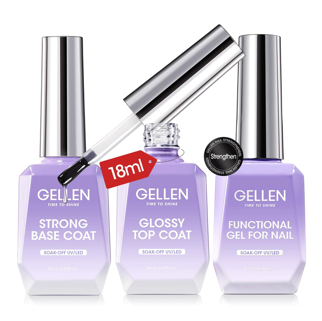 Gellen Top Coat Base Coat Set with Nail Strengthener, 3 Pcs 18 ml No Wipe Glossy Top Coat for Gel Nail Polish, Soak Off Base Gel Polish Hardener Care for Thin Weak Nails Salon Manicure