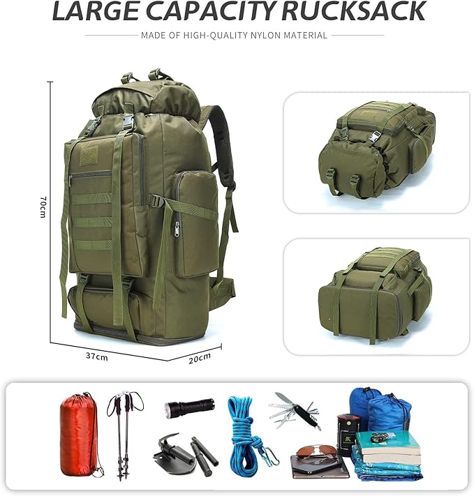 70L/100L Hiking Camping Backpack MOLLE Rucksack Waterproof Daypack for Traveling (Army Green)