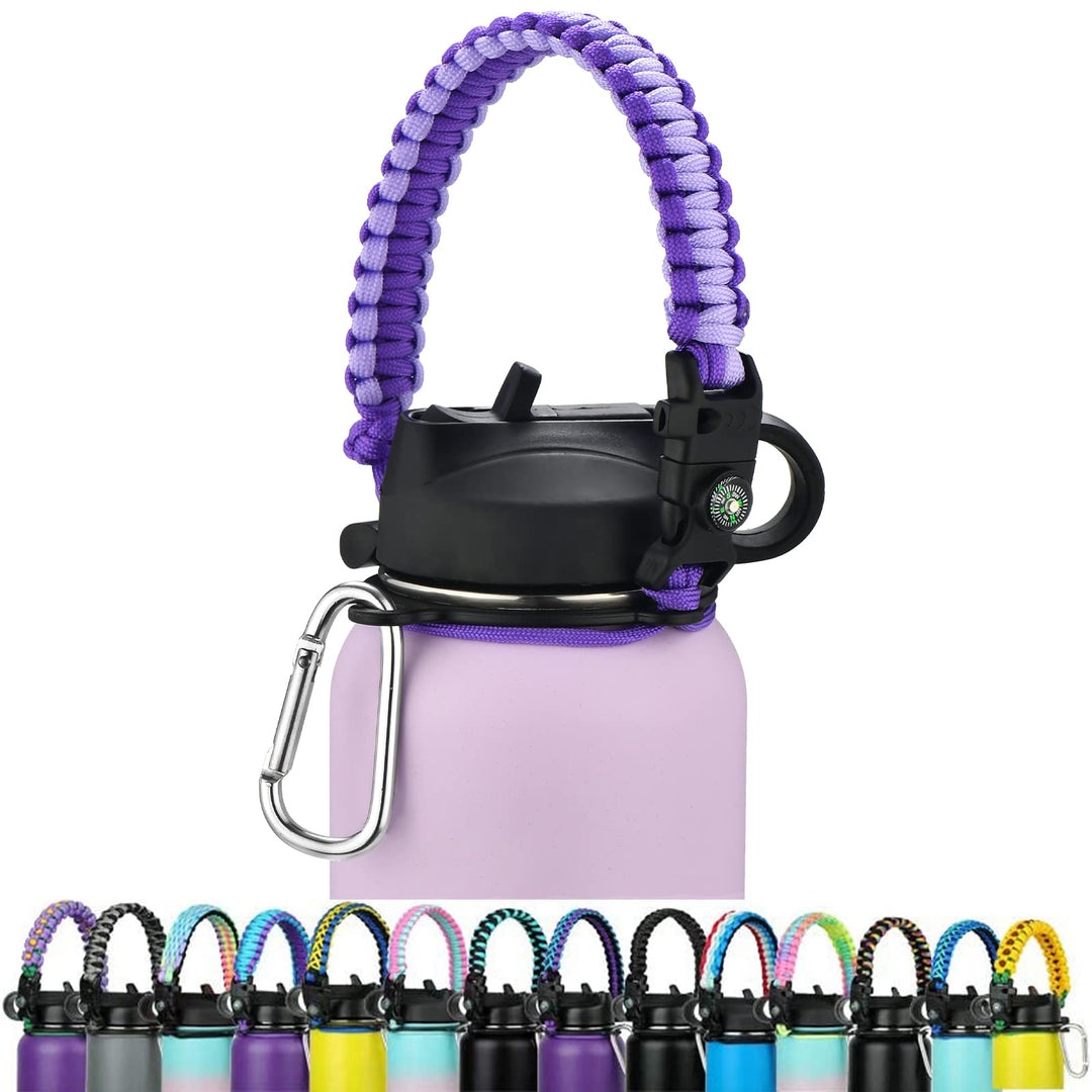 Paracord Handle - Fits Wide Mouth Bottles 12oz to 64oz - Durable Carrier, Paracord Carrier Strap Cord with Safety Ring,Compass and Carabiner - Ideal Water Bottle Handle Strap (Violet)