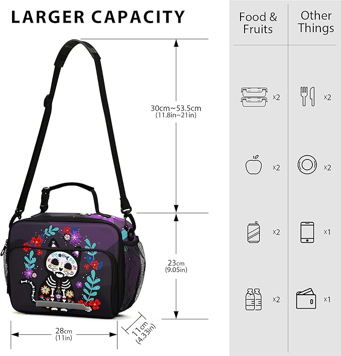 Cat Sugar Skull Lunch Bag Insulated Lunch Box Cooler Cooling Tote Food Container for Adults Men Women