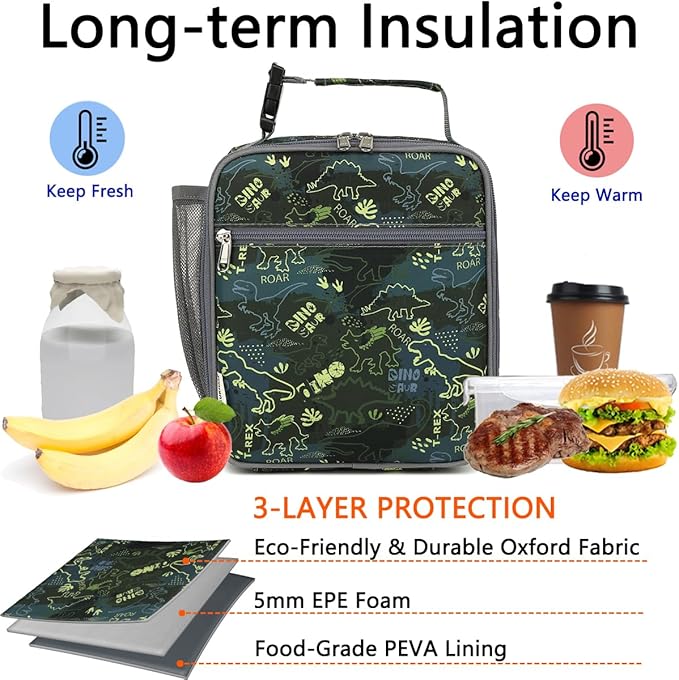 Lunch Box for Kids Boys Girls Men Women, Insulated Small Soft Cooler Lunch Bag Kit for School Work Picnic Travel - Reusable Portable lunchbox, Dinosaur Fossil Roar