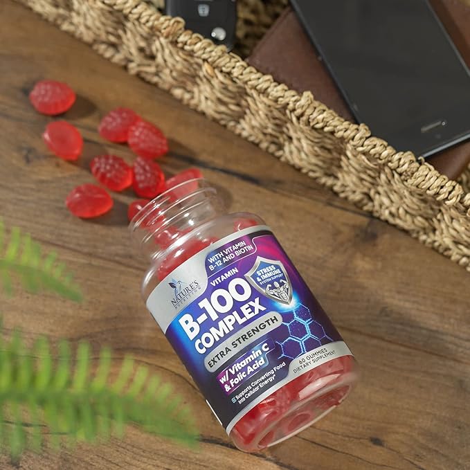 Super B Complex Gummy with Vitamin C & Folic Acid, Extra Strength Vitamin B Gummies Supplement with Niacin, B6, Folic Acid, B12, Biotin, Nature's Energy Immune Support Supplements - 60 Gummies
