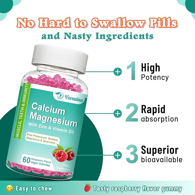 High Absorption Calcium Magnesium Zinc Gummies with Magnesium Glycinate 400mg, Sugar Free Calcium Magnesium Supplement for Bone & Teeth Strength, Muscle Function - Vegan, 120 Count
