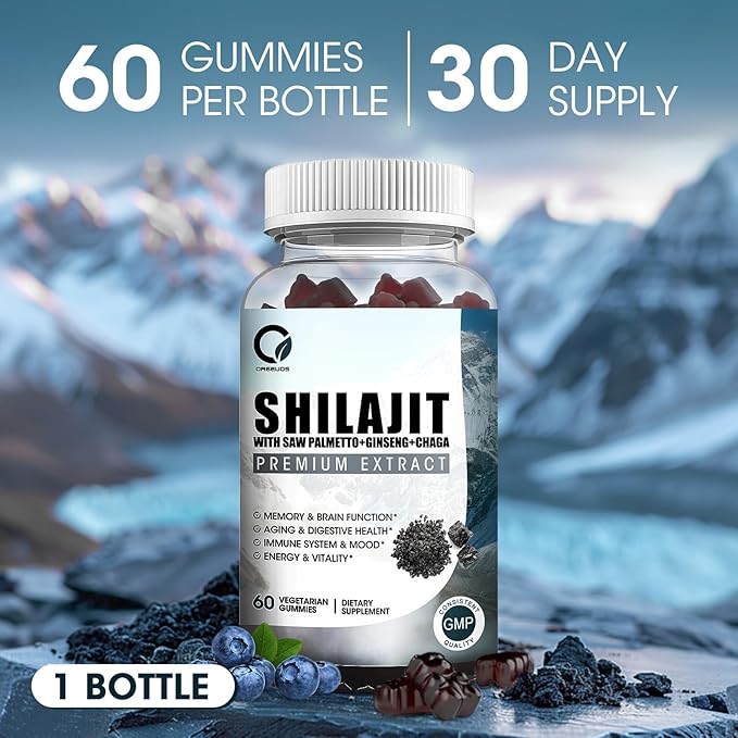 Himalayan Shilajit Gummies with 85+ Trace Minerals & Fulvic Acid for Energy, Immune, Cognitive Support High Potency Pure Natural Shilajit Supplement for Men & Women 60 Gummies (1 Pack)
