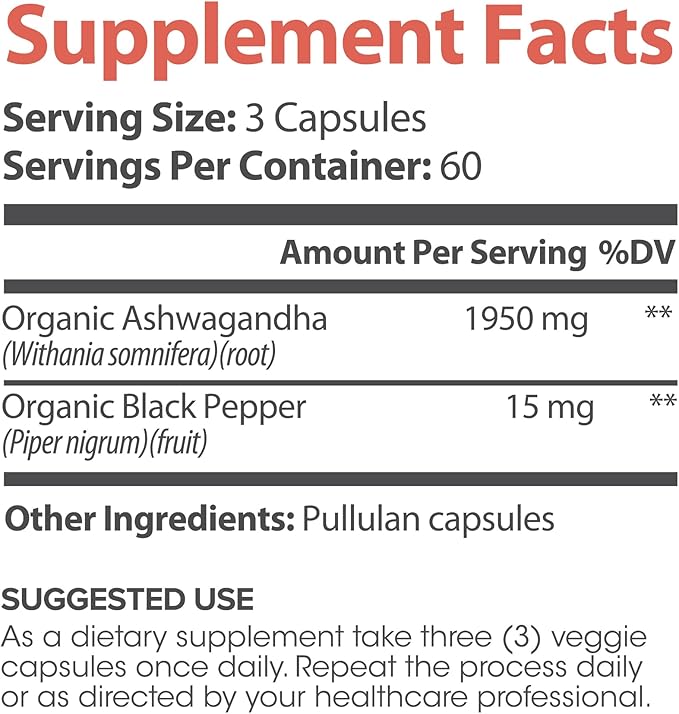 Ashwagandha Supplements - Stress Relief - 1950mg – Ashwagandha for Women Made with Powder & Black Pepper – 180 Capsules – Formulated for Women