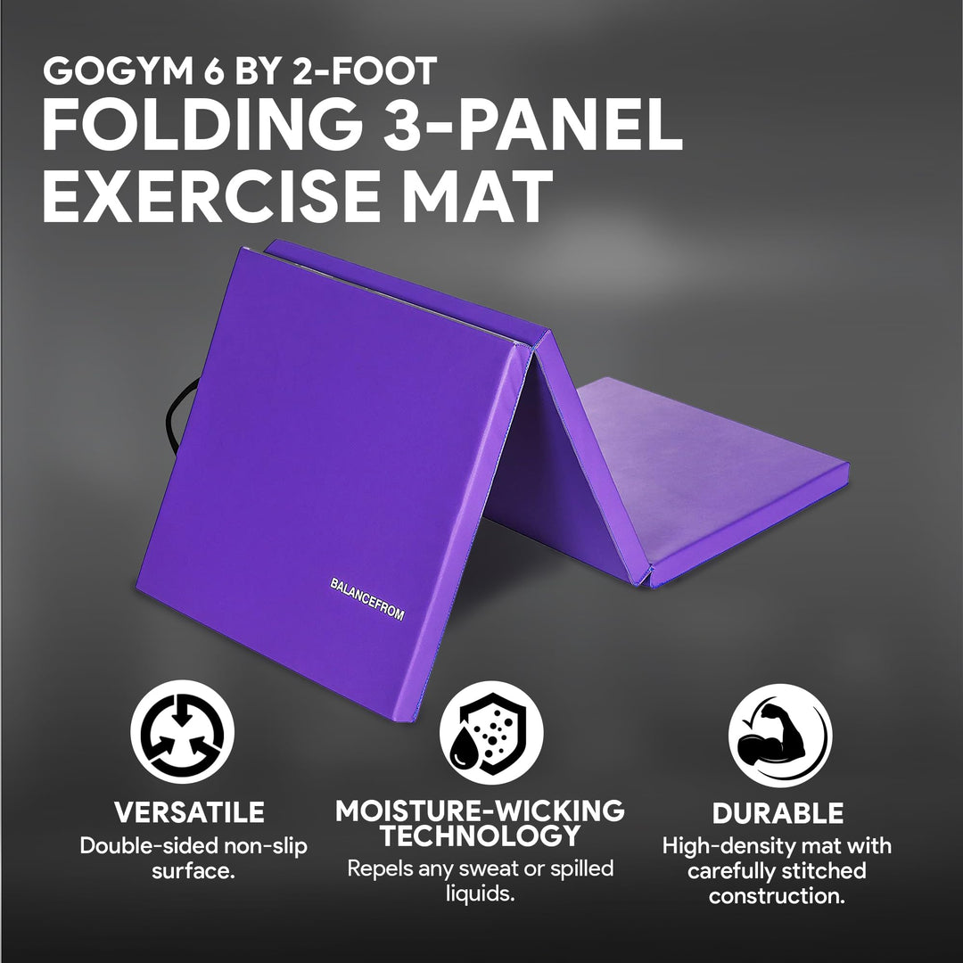 BalanceFrom 2" Thick Tri-Fold Folding Exercise Mat with Carrying Handles for MMA, Gymnastics and Home Gym Protective Flooring (Purple)