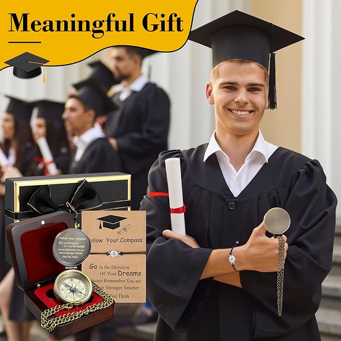 Compass Gift Set Engraved Compass with Chain Souvenir Present Bracelet with Greeting Card Walnut Wooden Box Gift Box for Women Men Friends Party Souvenir Favors