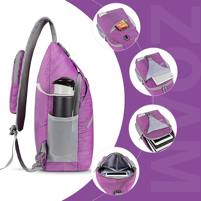 ZOMAKE Sling Bag for Women Men, Small Crossbody Sling Backpack, Mini Water Resistant Shoulder Daypack for Travel, Anti Thief Chest Bag for Hiking, Sports, Purple(Stripe)