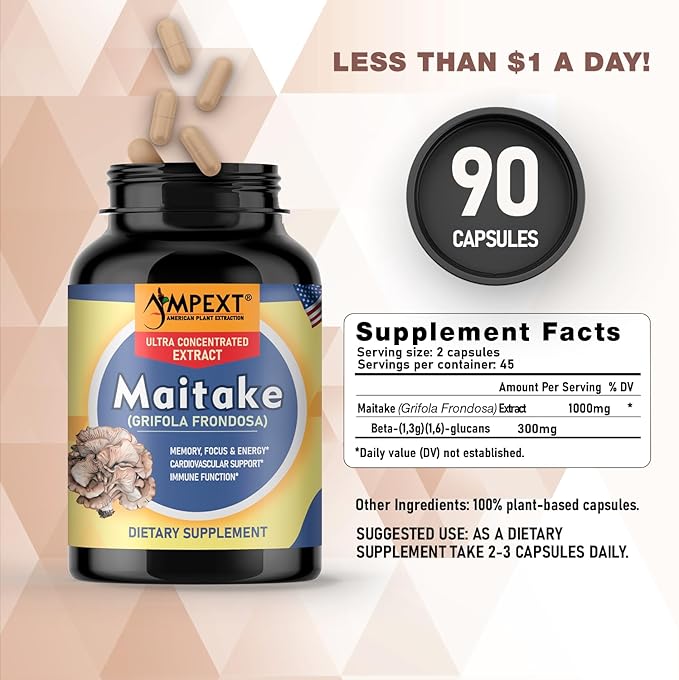 Maitake Mushroom Extract - Premium Quality, Only Fruiting Bodies, Source of Beta-Glucans, Heart & Cardiovascular Welness, Vitality & Resilience, Memory Booster, Immune Support, 90 Veg Caps.