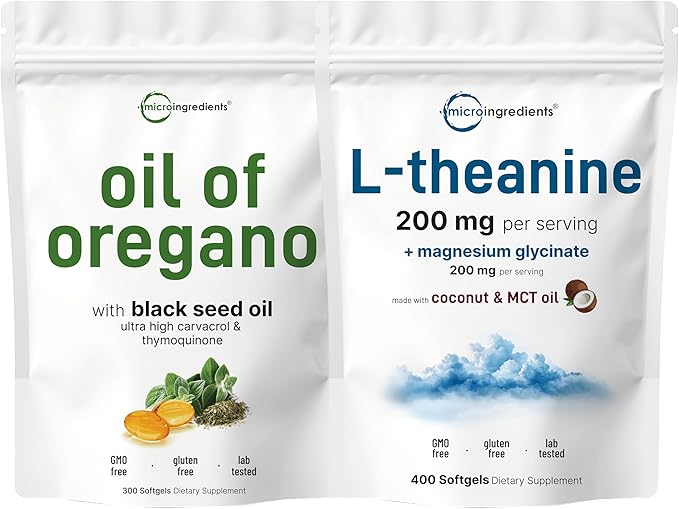 Micro Ingredients Oil of Oregano 6,000mg Softgels & L-Theanine 200mg with Magnesium Glycinate Bundle 2 Pack | 4X Strength Carvacrol & Thymoquinone | Amino Acid & Mineral Complex