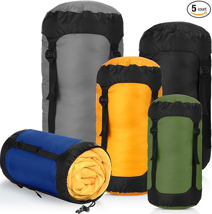 5 Pcs Compression Sacks for Backpacking 5L/10L/15L/20L/35L Camping Sleeping Bag Stuff Sack Water Resistant Sleeping Bag Storage Sack for Space Saving Hiking Gear