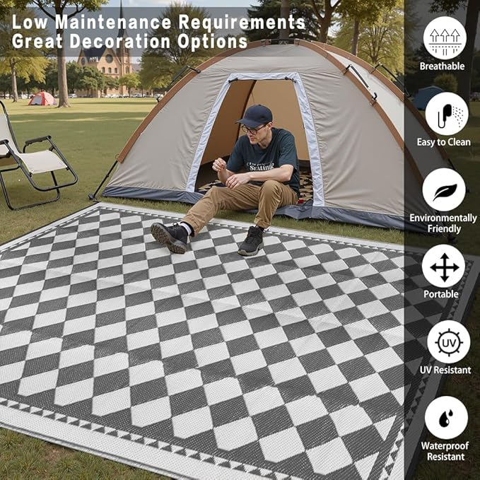 Outdoor Waterproof Rug 6'x9' Plastic Straw Rugs Washable Reversible Floor Mat Grey Plaid Carpet for Camping RV Deck Entryance Porch Picnic Balcony Beach Backyard