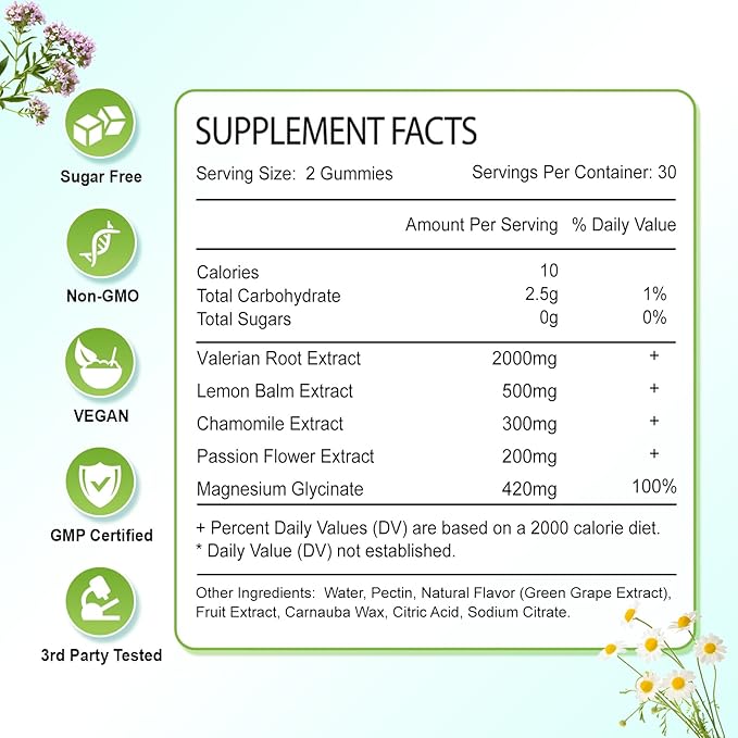 Organic Valerian Root Gummies, Natural Calm to Help Relaxation, Herbal Supplement for Mood Support, Melatonin Free, Non-GMO, Gluten Free, Vegan, Green Grape Flavor, 60 Count