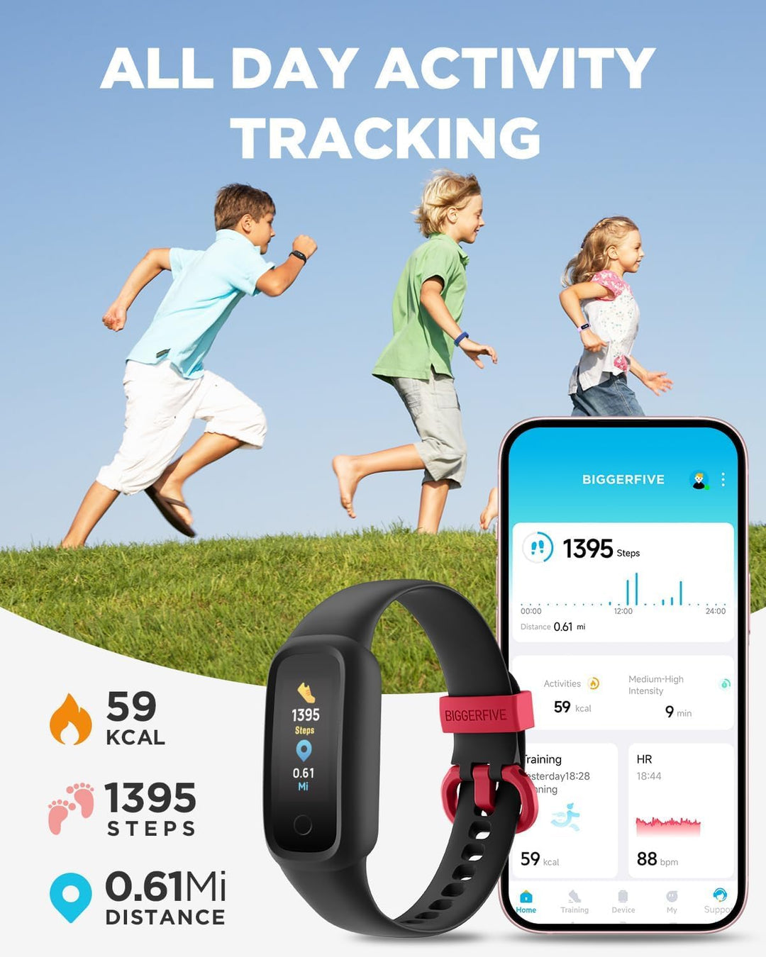BIGGERFIVE Vigor 2 L Kids Fitness Tracker Watch for Boys Girls Ages 5-15, Activity Tracker, Heart Rate Sleep Monitor, IP68 Waterproof, Pedometer, Calorie Step Counter Watch, Black