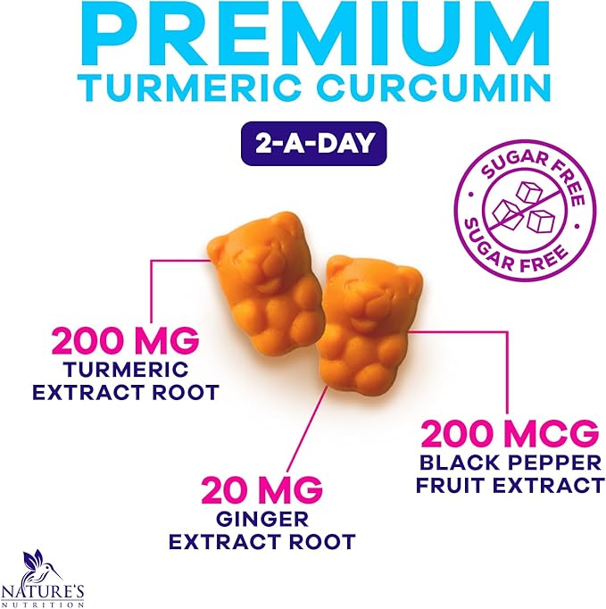 Turmeric Supplement Gummies Sugar Free - Turmeric Curcumin and Ginger Gummies with Black Pepper Extract for High Absorption, Curcumin Gummy for Joint Support, Non-GMO, Gluten Free, 60 Turmeric Gummies