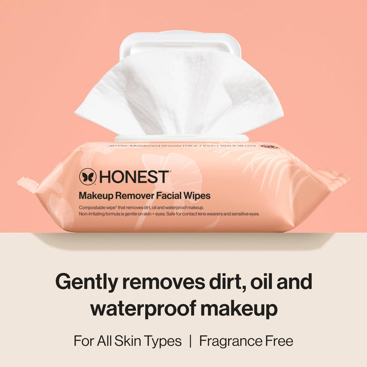 Honest Beauty Fragrance Free Cleansing Makeup Remover Facial Wipes | Plant Based, Hypoallergenic, Gentle for Sensitive Skin | 30 Count