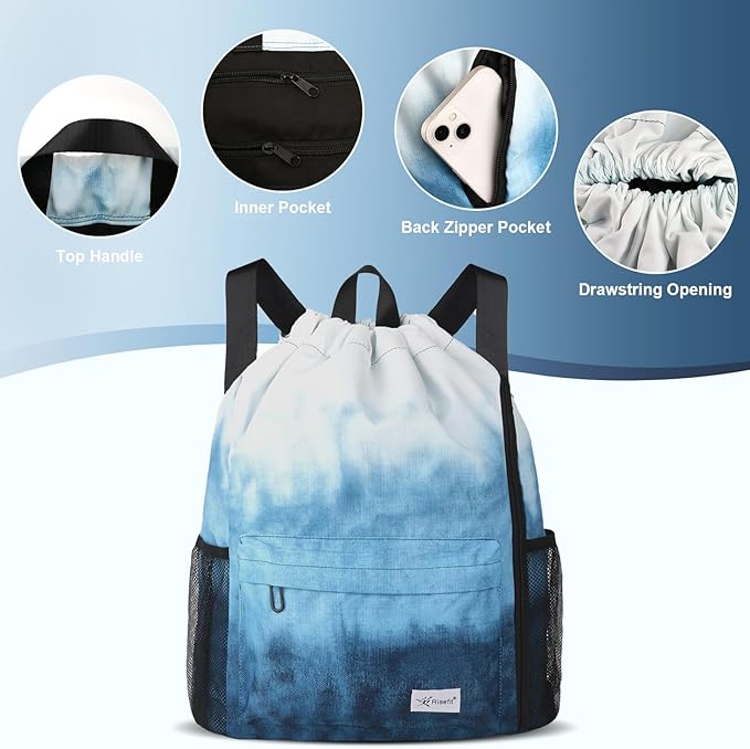 Drawstring Backpack with Mesh Pockets String Gym Bag Sackpack Sandproof Water Resistant Beach Backpack for Men Women