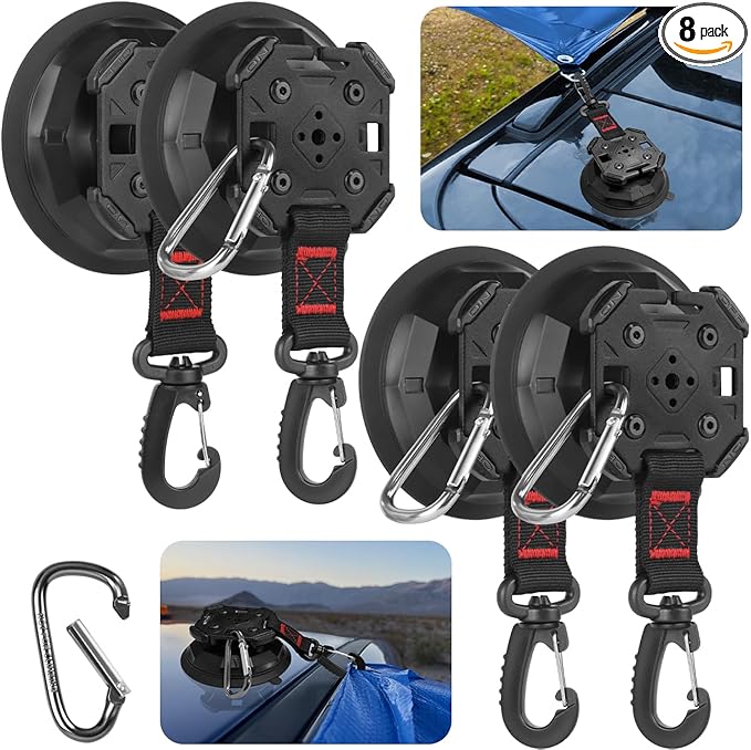 4PCS Upgrade Heavy Duty Rotating Vacuum Suction Cups Anchor Hooks With 4PCS Buckles ,Large Hook Suction Cup Hangers,Strong Suction Cup Hook for RV Awning Camping Outdoor,Window Suction Cups With Hook