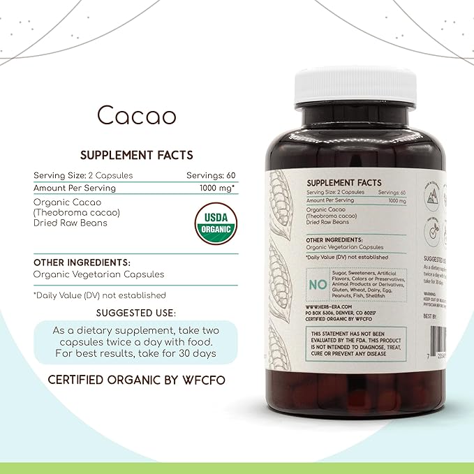 Cacao USDA Organic 120 Capsules | Natural Herbal Supplement | Certified Organic Vegetarian Capsules and Organic Cacao (Theobroma Cacao) Dried Raw Beans (120 Capsules)