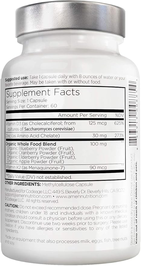 Amen Vitamin D, K2 & Zinc, Cholecalciferol D3 5000 IU, Organic Whole Food Blend with Apple, Blueberry, Cranberry, Elderberry Powder Fruits, Vegan Supplement, D3 K2 Vitamins, Non-GMO - 60 Capsules