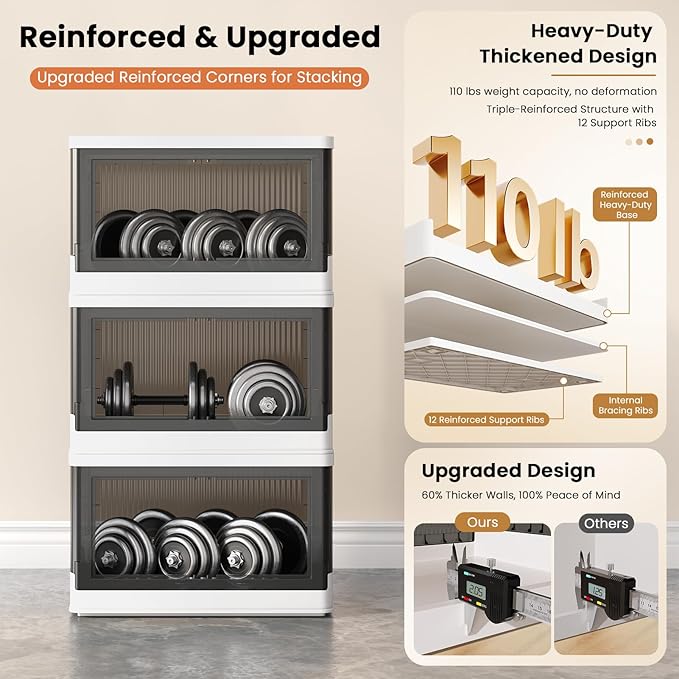 8.4Gal Collapsible Storage Bins with Lids & Wheels - 3 Pack Stackable with Doors, Heavy-Duty Plastic Containers for Home/Office, White