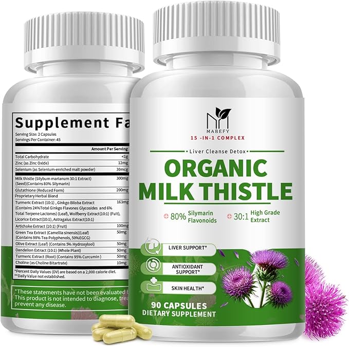 Liver Support Supplement with Milk Thistle Extract with Silymarin, Glutathione, Dandelion, Artichoke - Liver Cleanse Detox Repair, Antioxidant Support- 90 Capsules