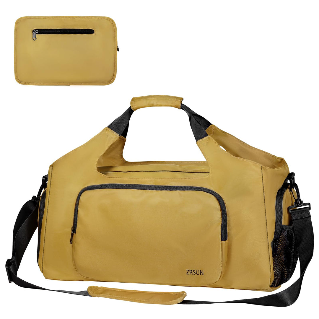 Gym Bags for Men Women, Sports Duffle Bag, Travel Gym Bag with Shoes Compartment and Wet Pocket, Foldable, Lightweight for Travel, Gym, Yoga (Yellow)