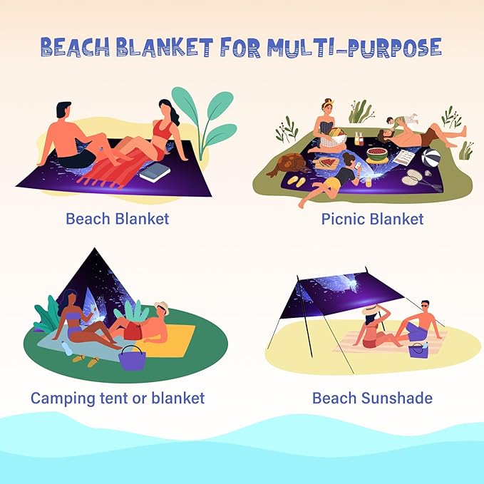 Beach Blanket Waterproof Sandproof 1-7 Adult Oversized 78 '' × 81 '' Lightweight Durable Compact Sand Free Beach Mat for Travel Camping Hiking Picnic Blanket Extra Large