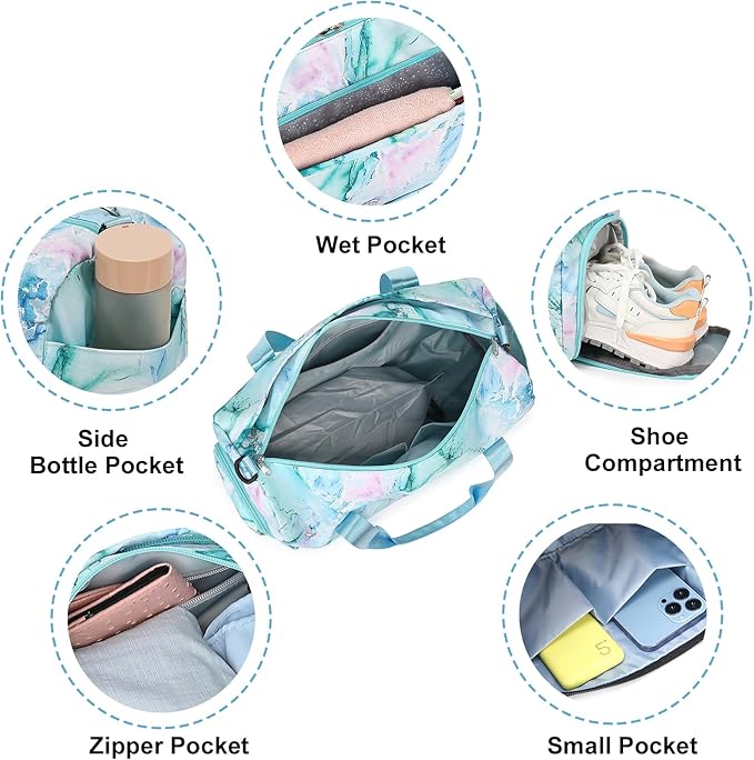 Gym Bag Sports Duffle Bag with Wet Pocket Weekender Overnight Bag with Waterproof Shoe Pouch and Air Hole for Girls Kids Women Travel Foldable Bag