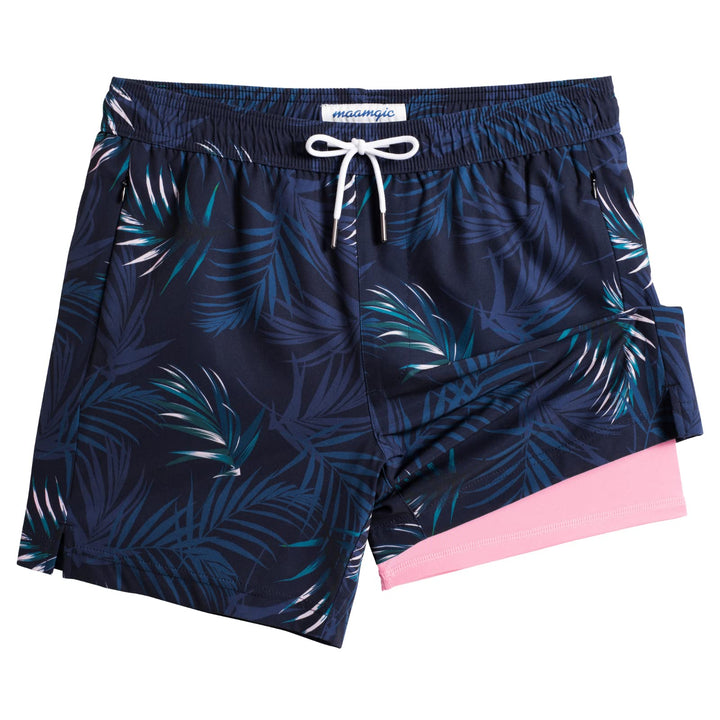 maamgic Mens Swim Trunks with Compression Liner 5" Stretch Athletic Swimming shorts Quick Dry with Zipper Pockets No-Chafing Board Shorts Navy-Pink Leaf Silhouette X-Small