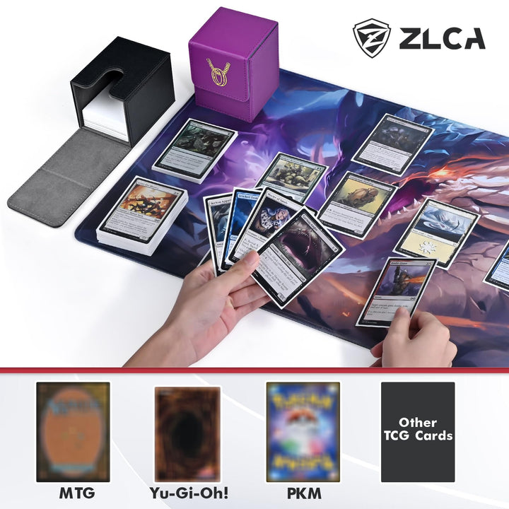 ZLCA Card Deck Box for MTG Cards with 2 Dividers, Card Storage Box Fits 100+ Single Sleeved Cards, PU Leather TCG Card Deck Case Holder for Magic Commander Yugioh (Black,Ring)