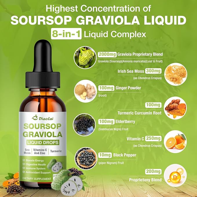 Soursop Graviola Liquid Drops - 100% Pure Organic Graviola Extract (2 Fl Oz) - Immune Support, Antioxidant Rich, Natural Energy Boost - Vegan, Non-GMO, Alcohol-Free