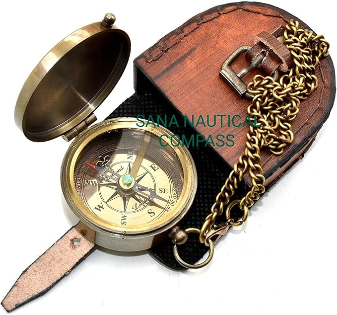 Antique Pocket Chain Compass to My Husband Brass Locket Compass with Engraved Brass Compass on Chain with Leather case, by Brass Nautical Compass, Antique Brown, 2.5 X 2.5 X 0.90''