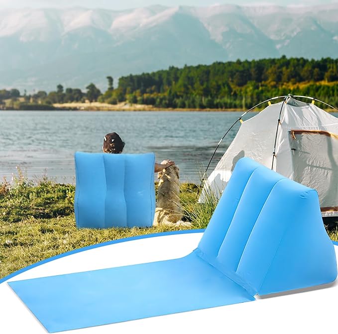 2PCS Light Blue Inflatable Beach Mat Lounge Chair - Flocking Camping Leisure Lounger Back
